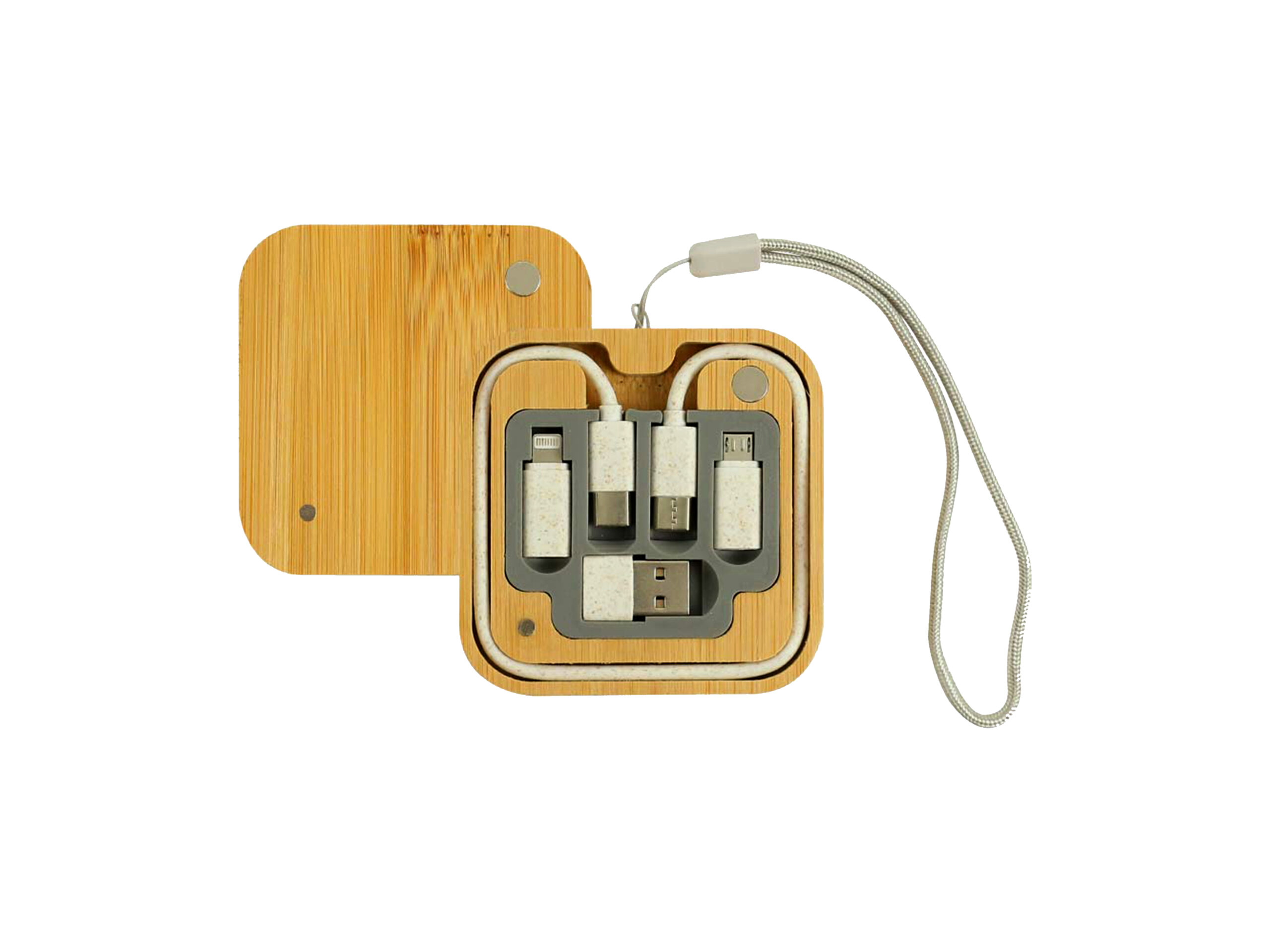 Compact bamboo travel adapter with cord storage