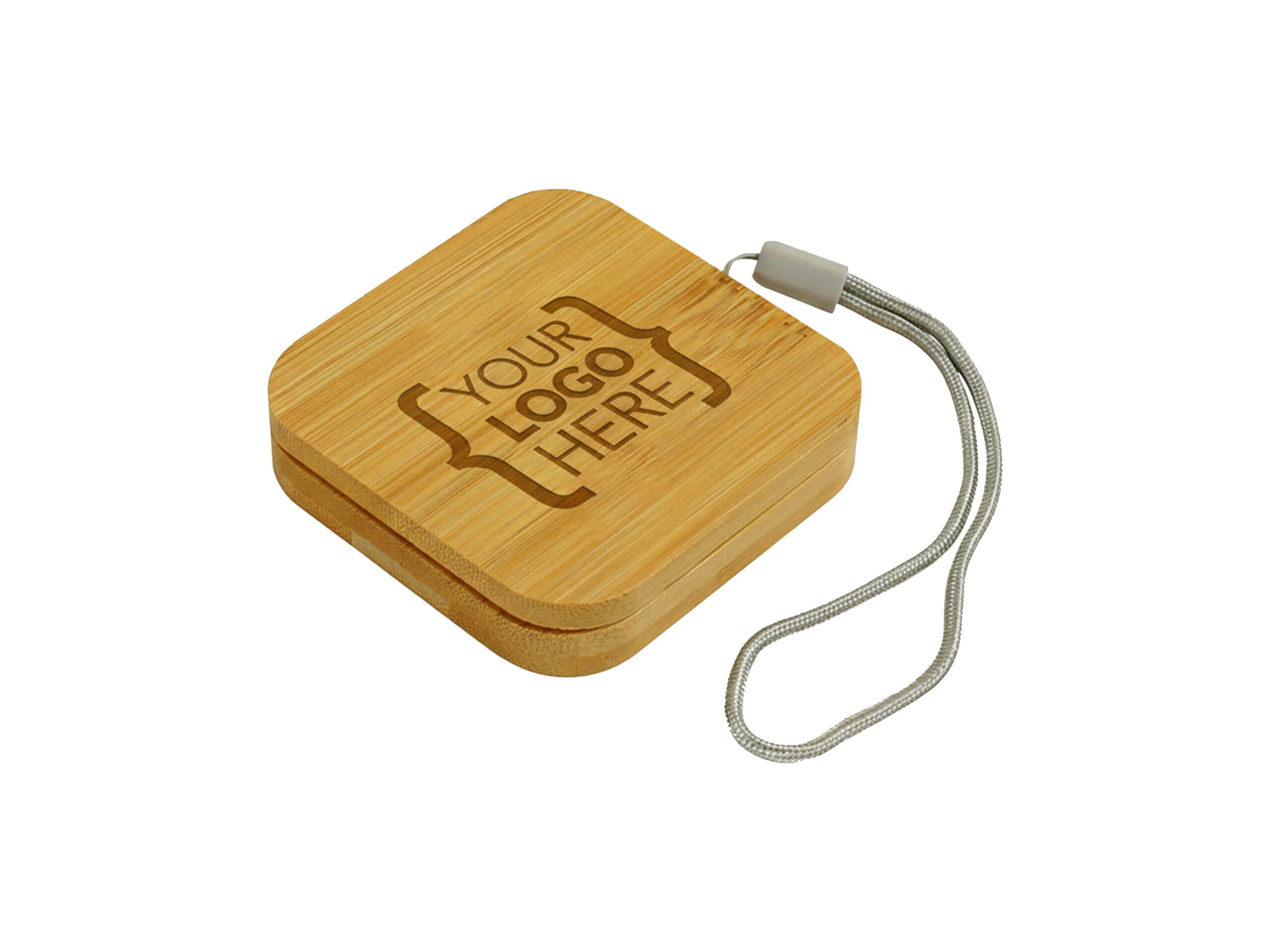 Bamboo wireless charger with customizable logo.
