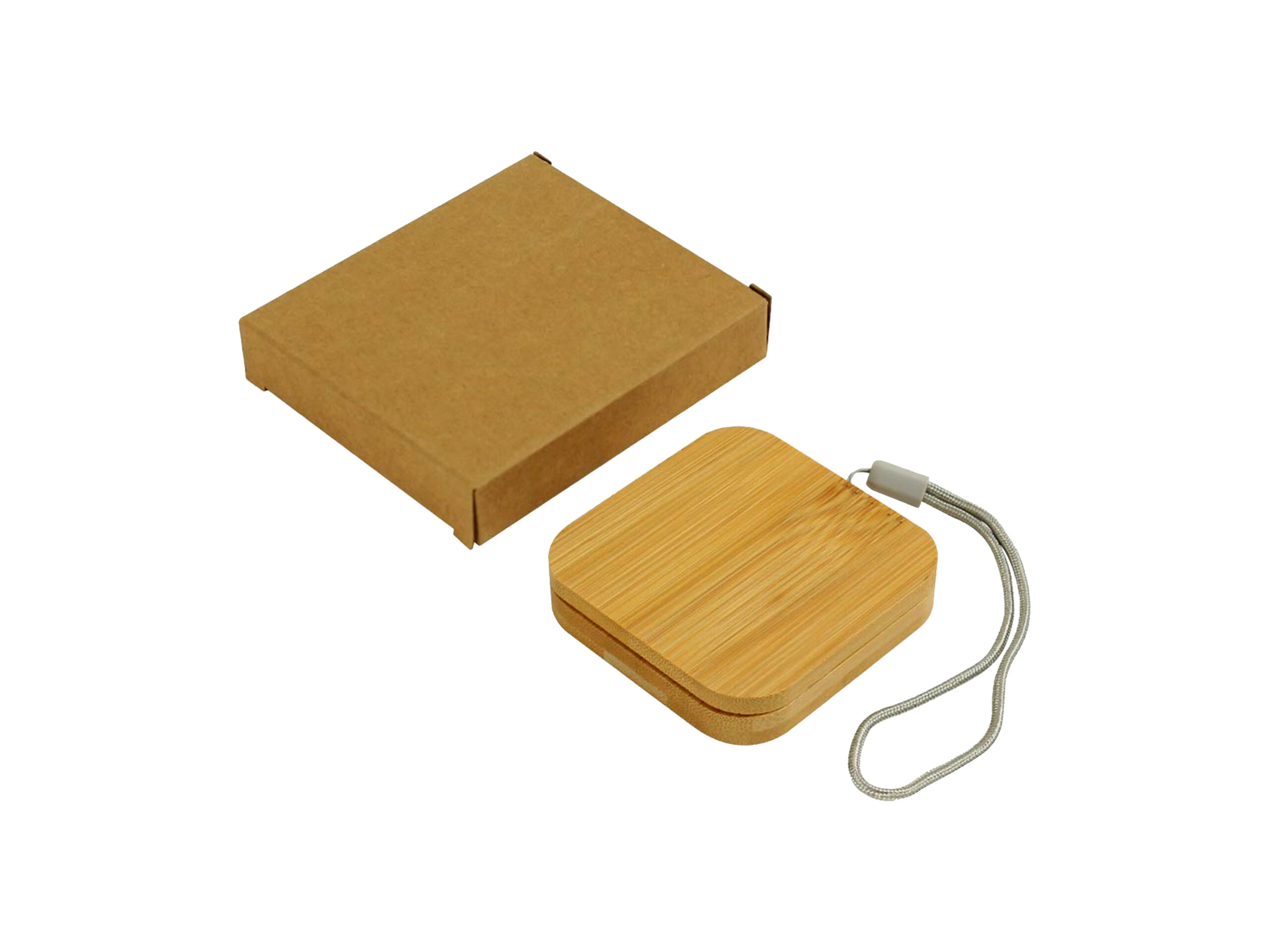 Bamboo power bank with box and strap.