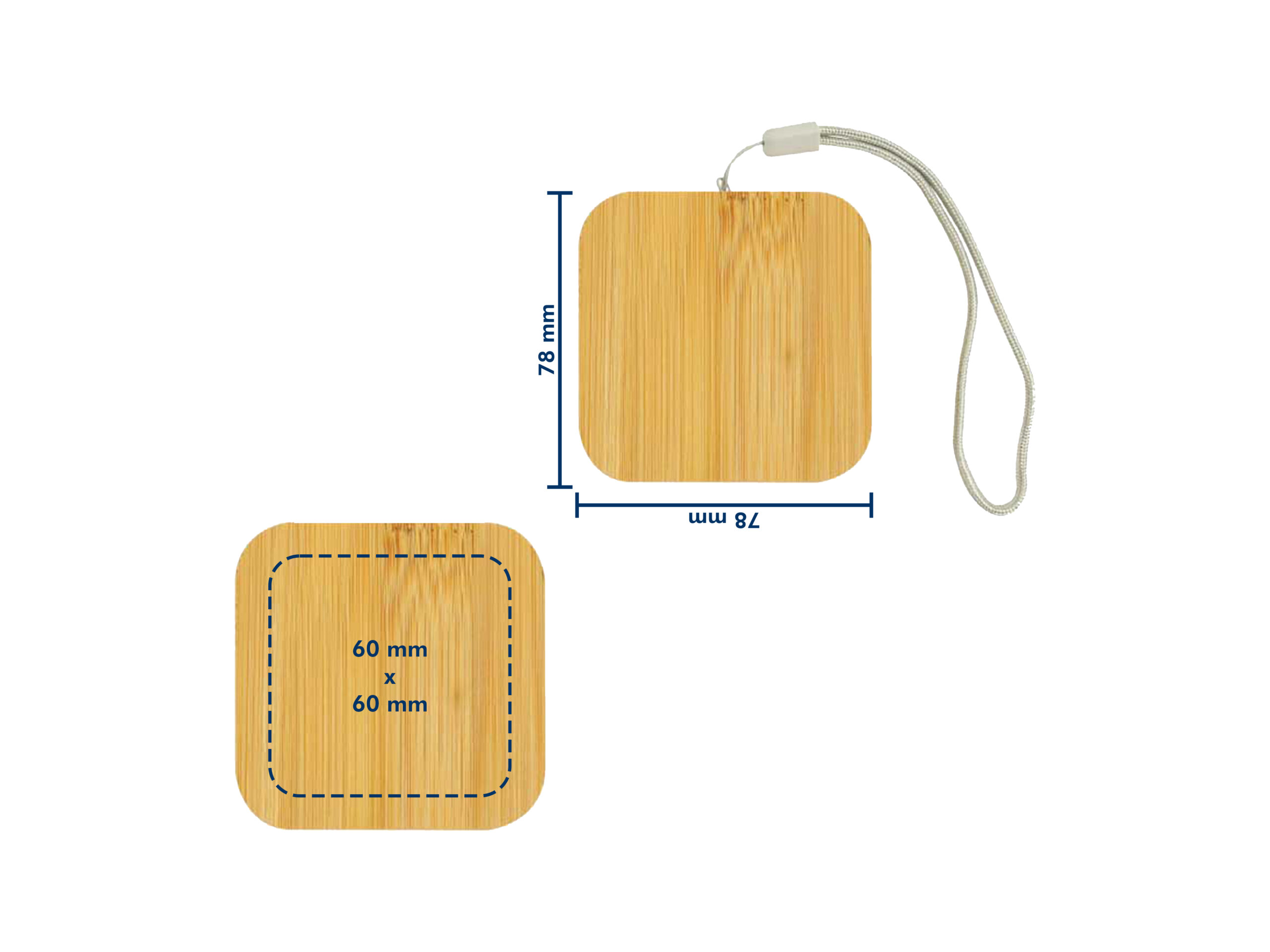 Brown keychain; dimensions: 78mm by 78mm.