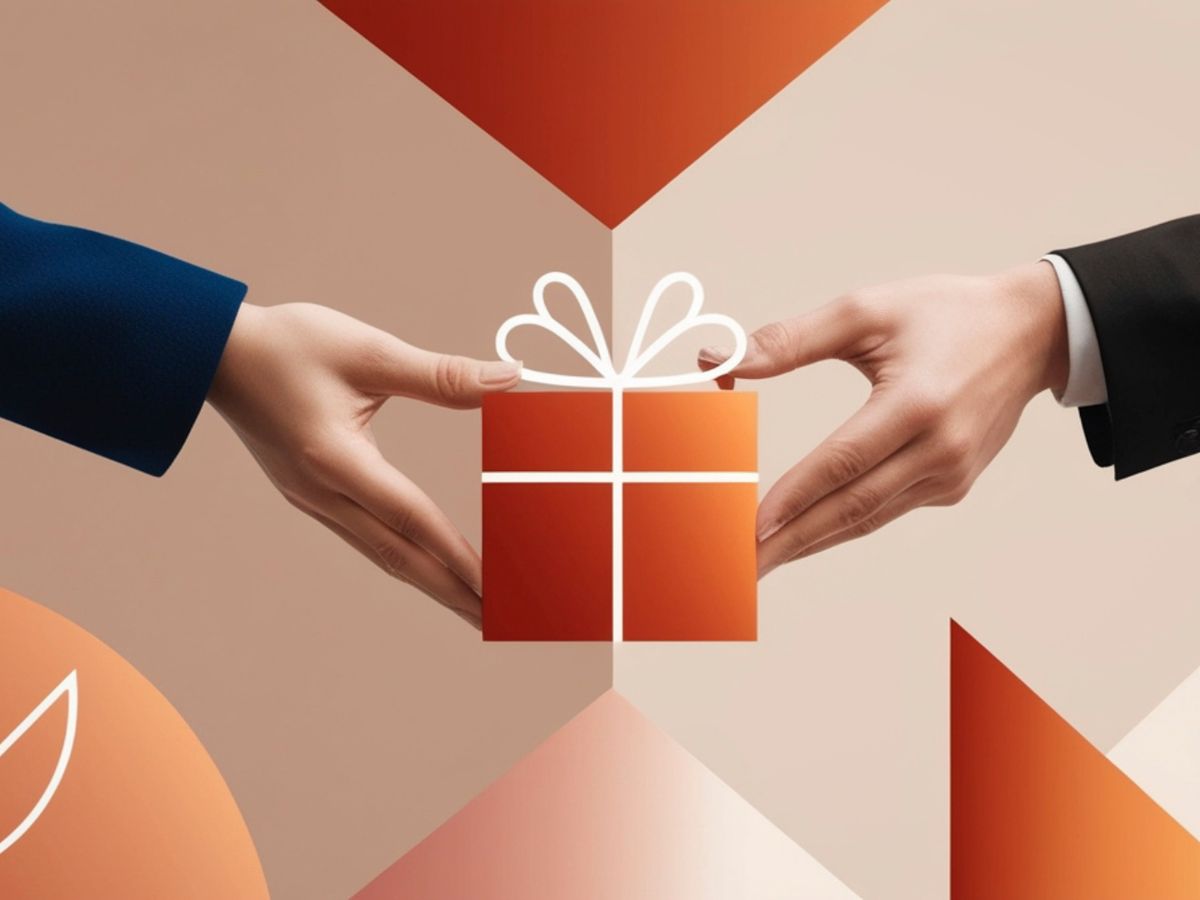 Hands exchanging a wrapped gift box