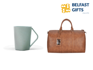 Green mug and brown duffel bag from Belfast Gifts.
