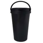 Black plastic trash can with handle.