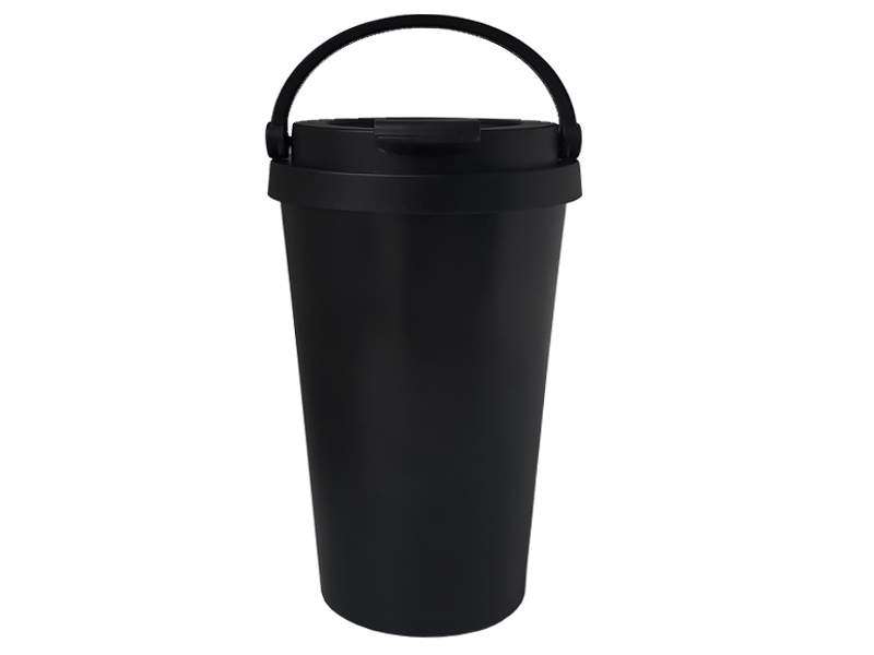 Black plastic trash can with handle.
