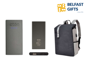 Portable charger, modern backpack, Belfast Gifts logo