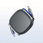 Modern gray wireless earphones with charging case.