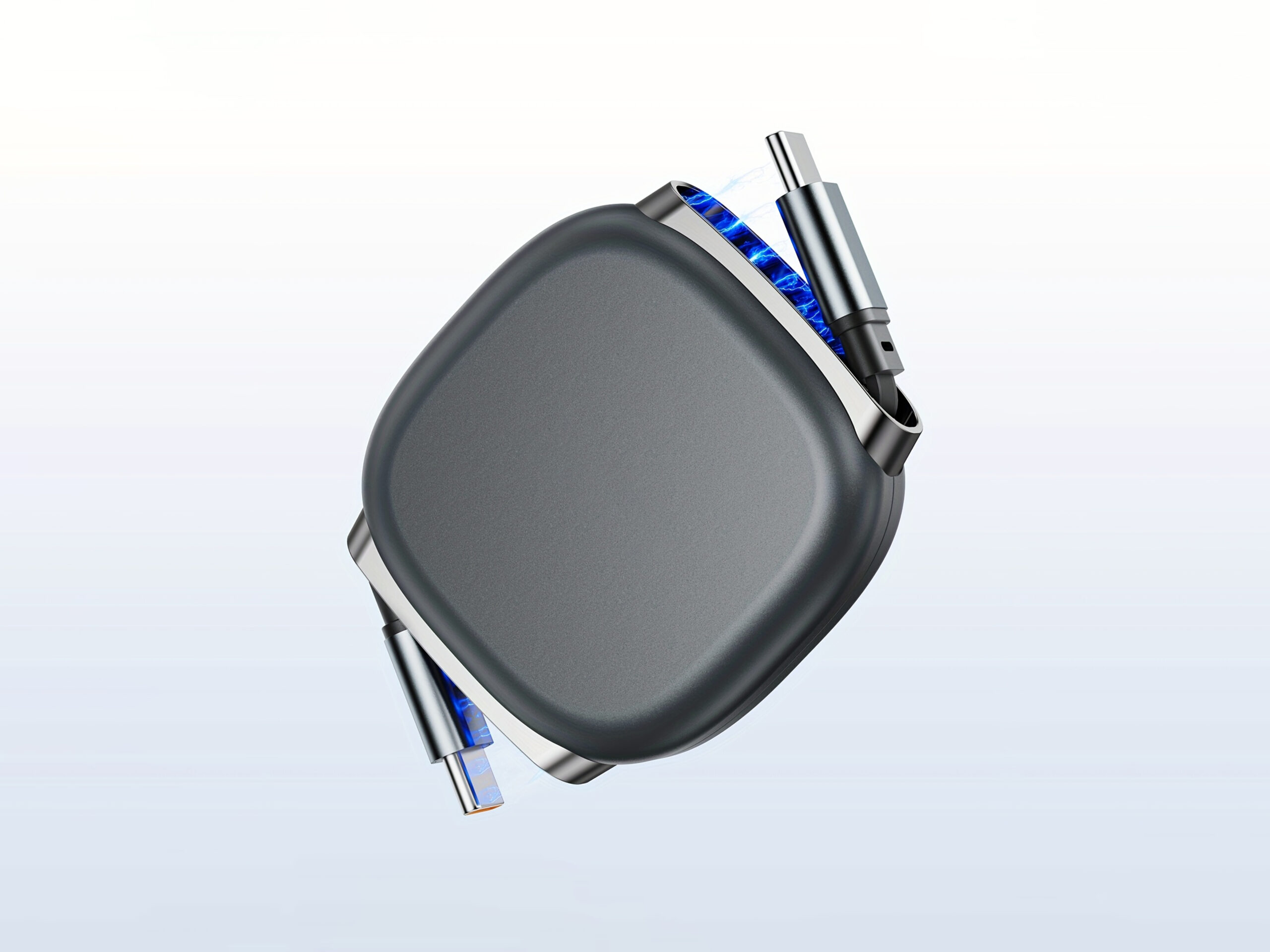 Modern gray wireless earphones with charging case.