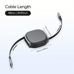 Retractable USB cable with dimensions and length shown.