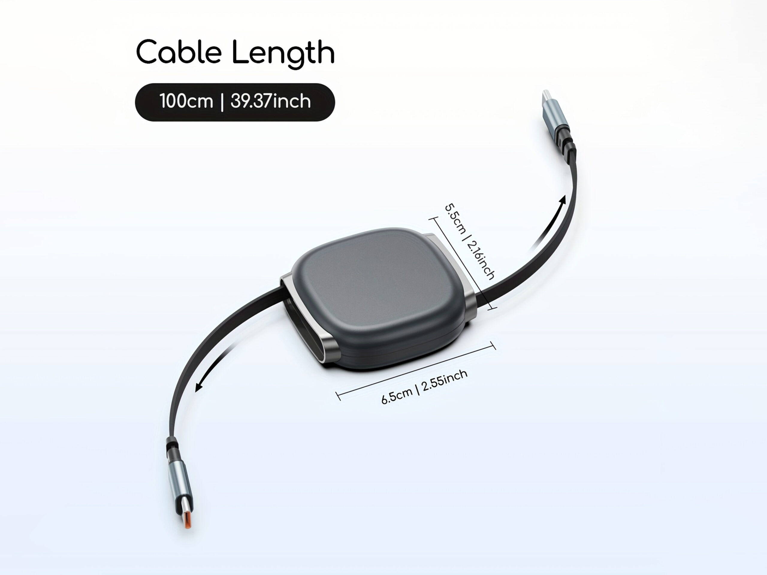 Retractable USB cable with dimensions and length shown.