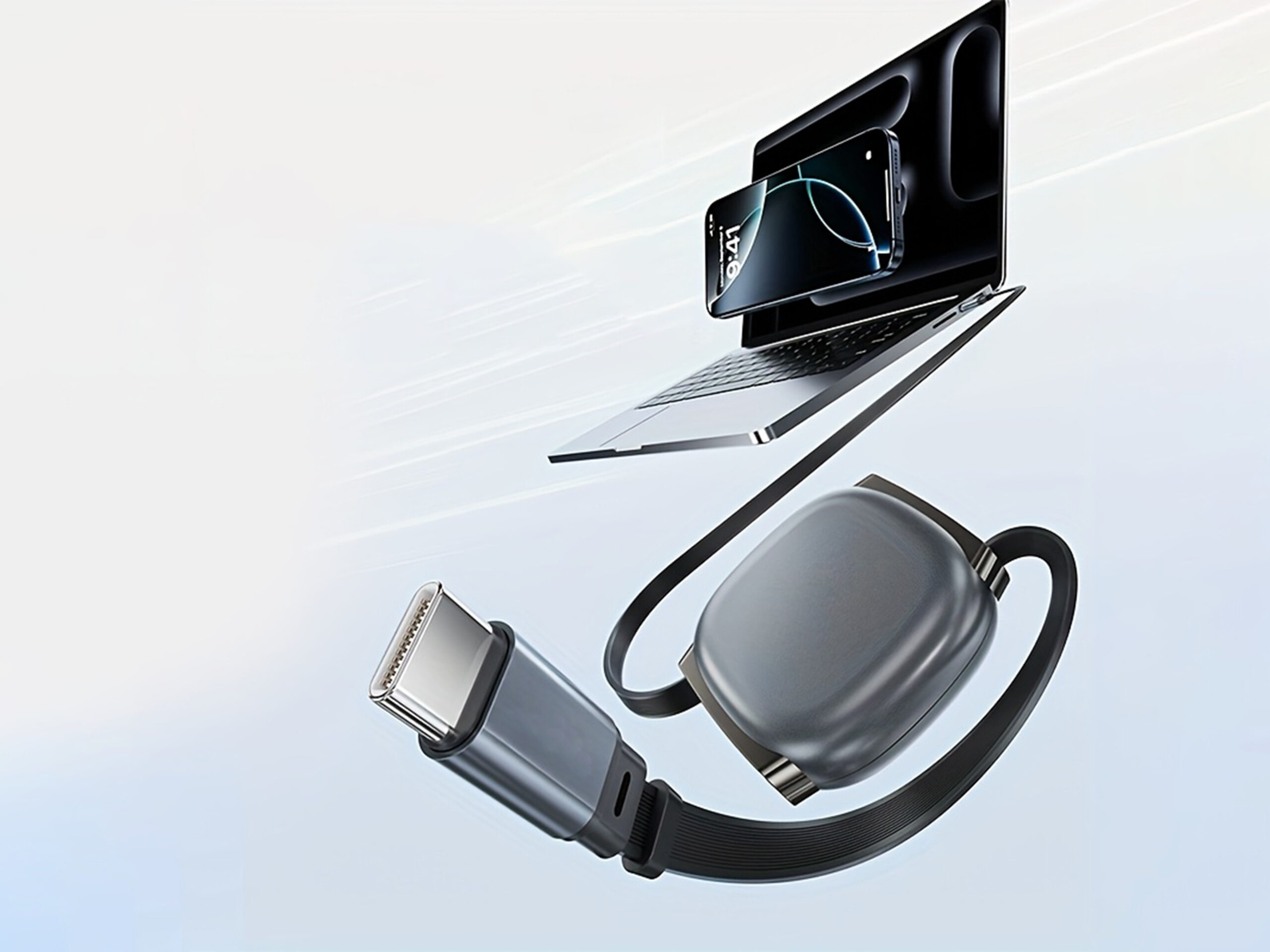 Floating laptop, phone, and USB-C cable