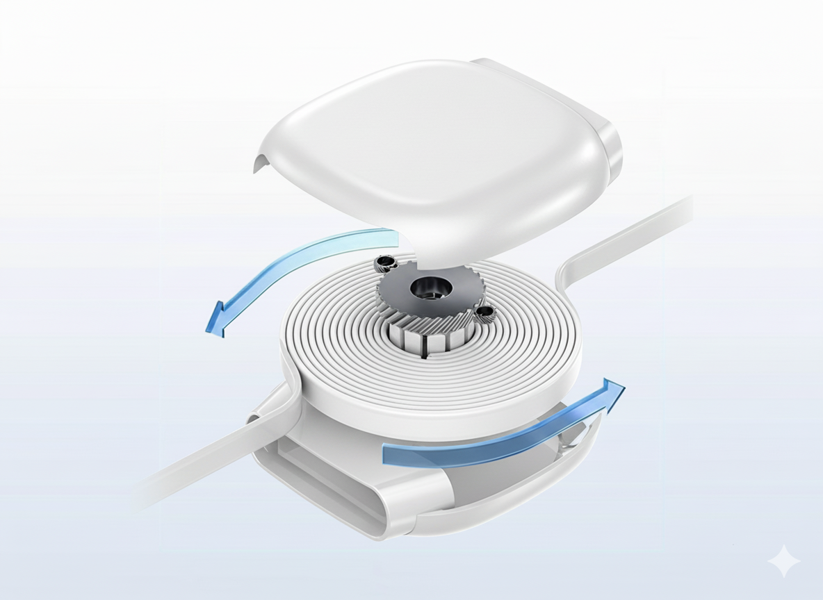 Unfolding mechanical component with gears and arrows.