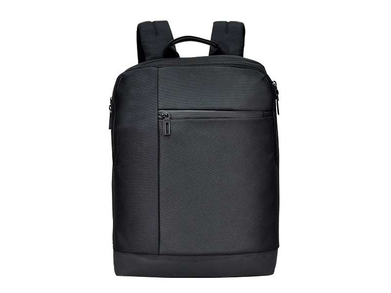 Black nylon backpack with front zipper pocket.