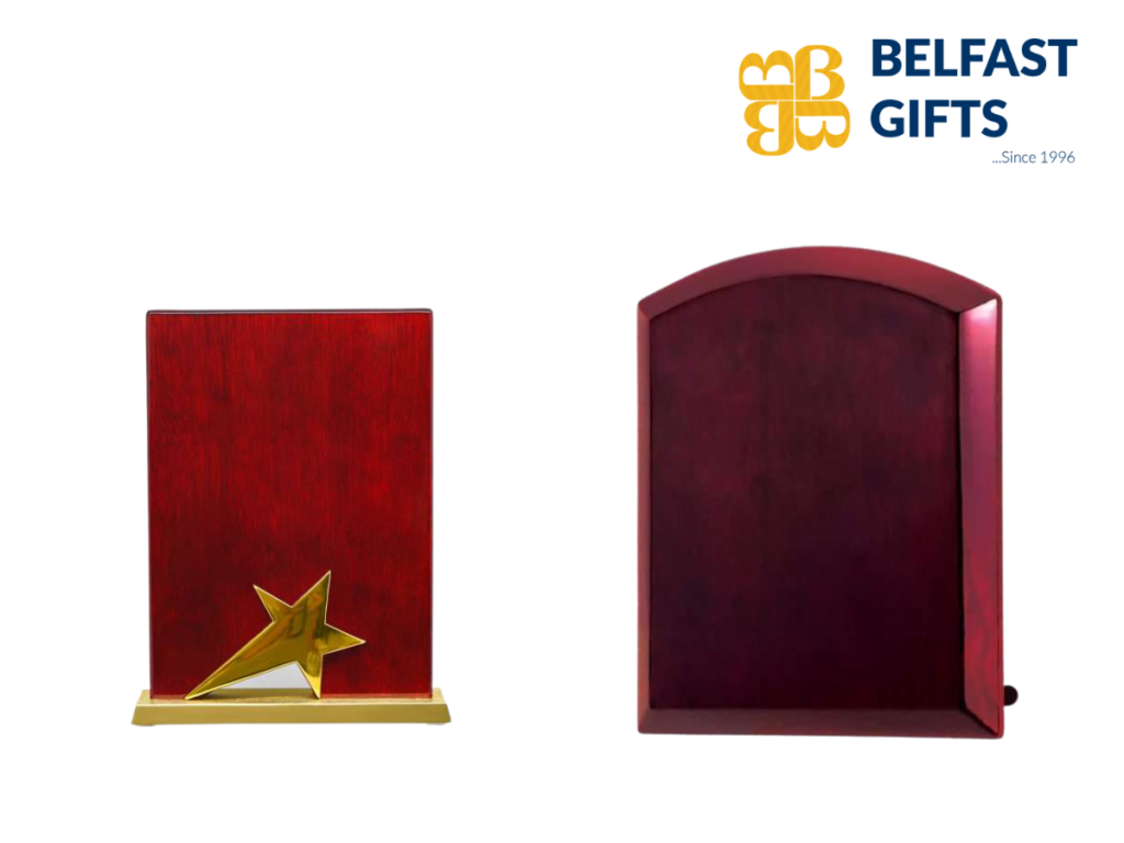 Two wooden plaques with Belfast Gifts logo.