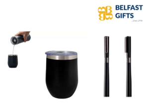 Black tumbler and pens by Belfast Gifts.