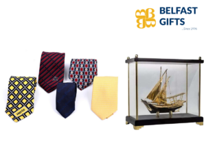 Colorful ties and ship model display with Belfast Gifts.