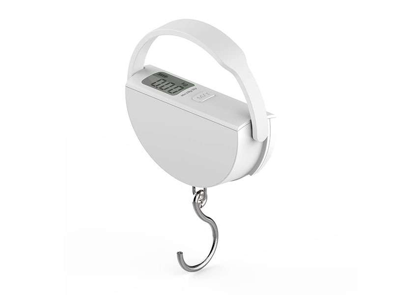 Digital luggage scale with hook and display.