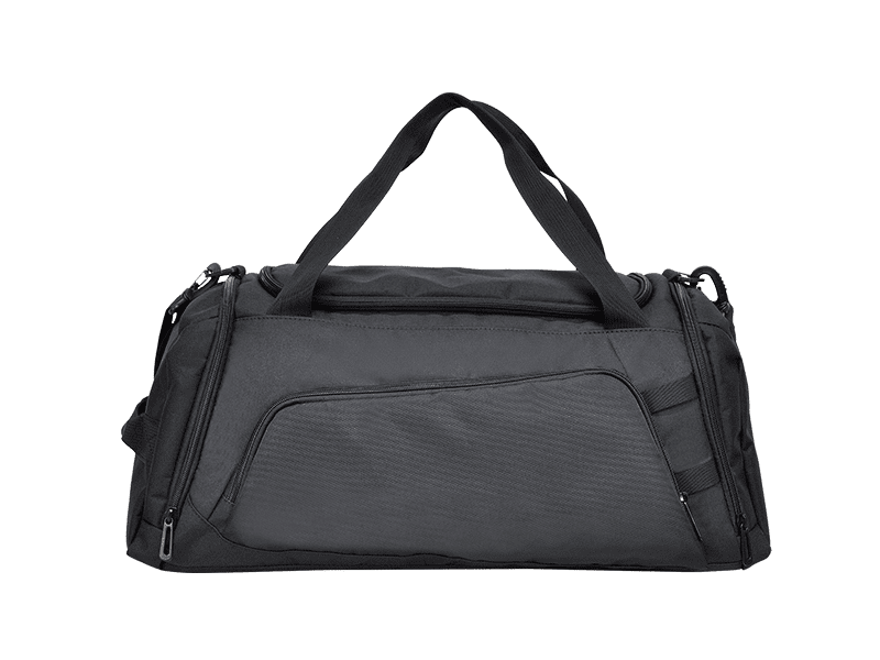 Black duffel bag with zipper pockets and handles.