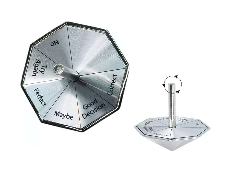 Decision-making spinning top with options like 'Try Again'.
