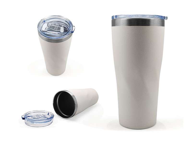 Stainless steel tumbler with clear lid, three angles