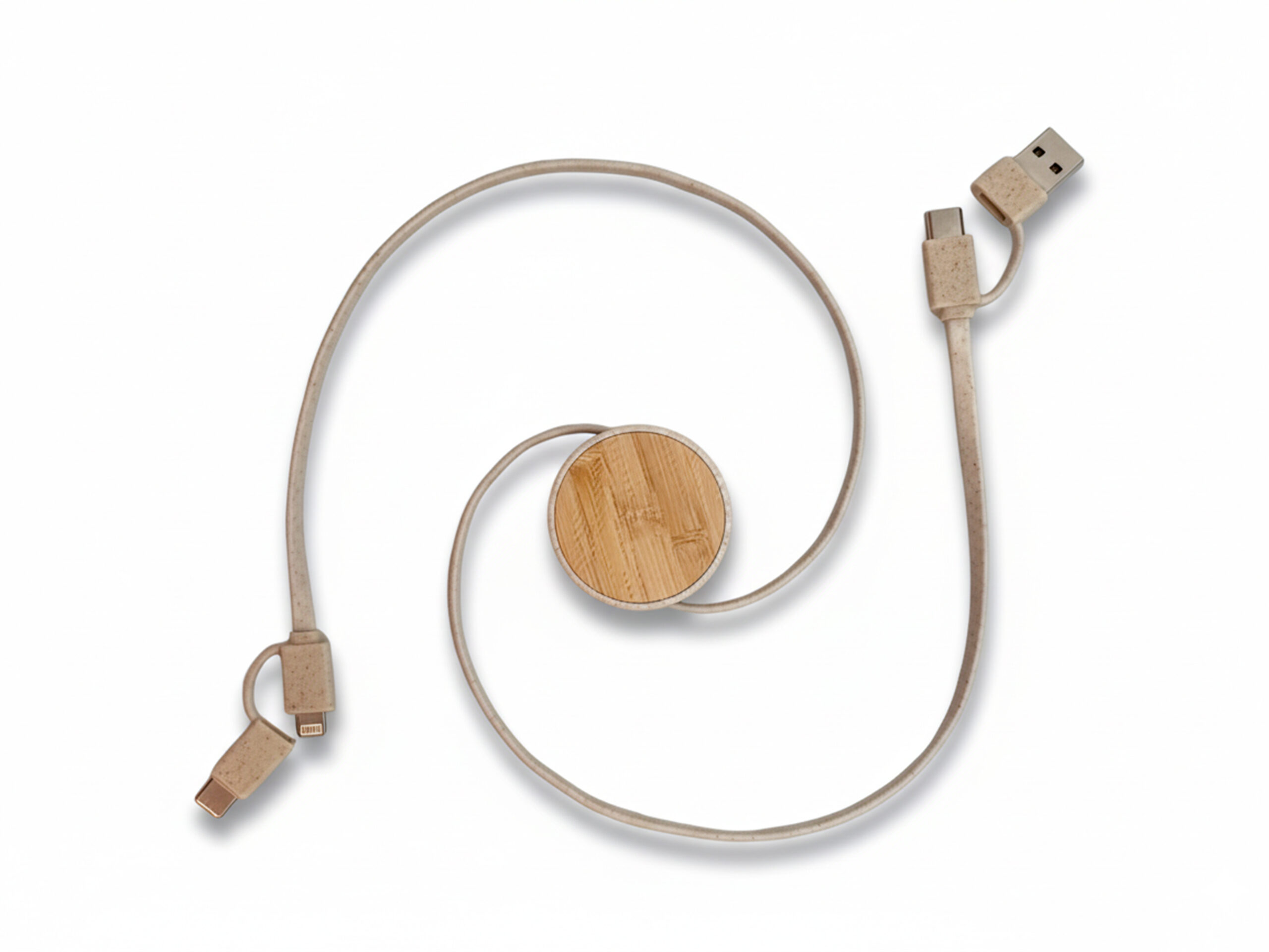 Eco-friendly multi-connector USB cable with bamboo hub