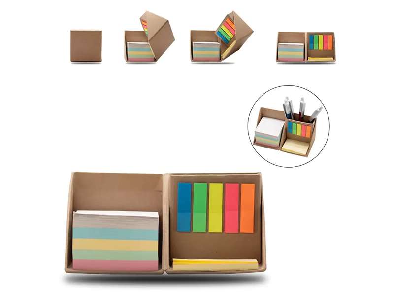 Colorful sticky notes and flags set in box.