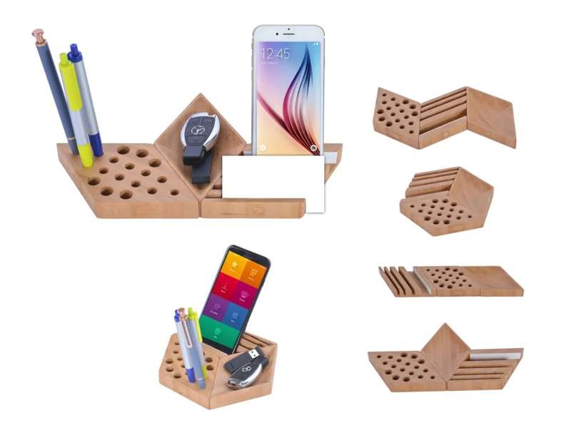 Wooden desk organizer for phone, pens, and accessories.