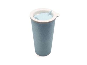 Eco-friendly blue travel mug with lid.