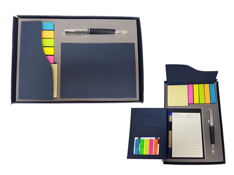 Stationery set with notepad, pen, and sticky notes.