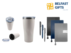 Belfast Gifts products: tumblers, journals, pens.