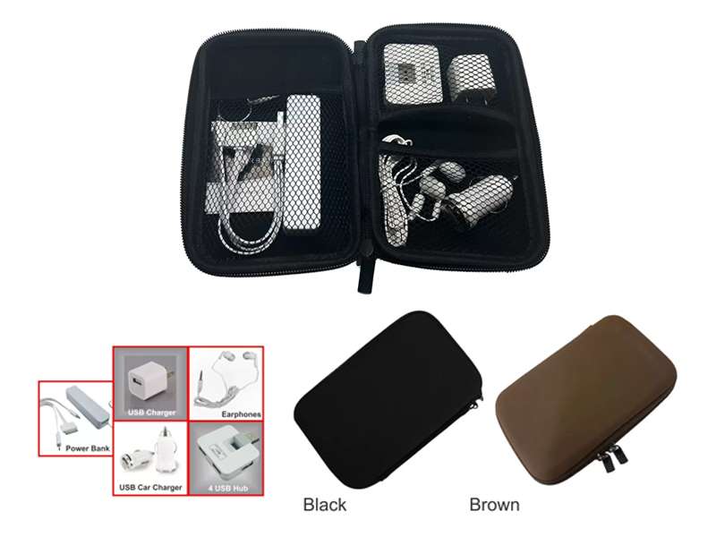 Electronics accessories case with chargers and earphones.