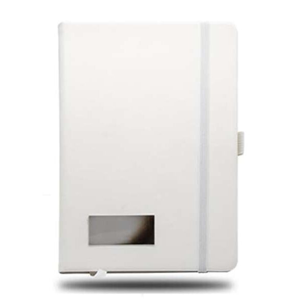 White notebook with elastic closure and card slot.