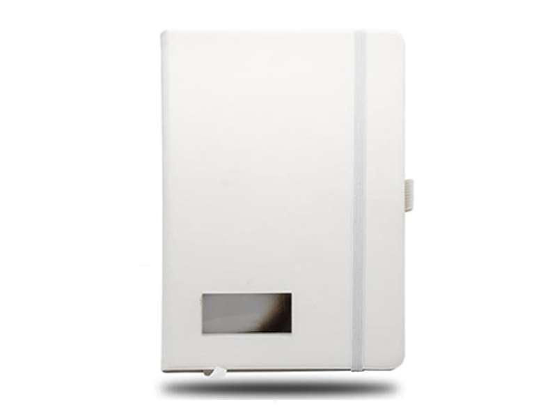 White notebook with elastic closure and card slot.
