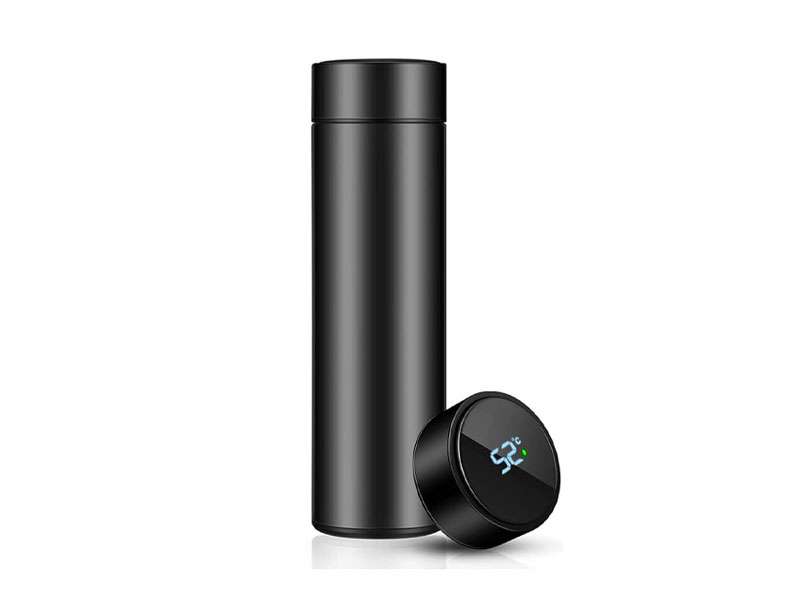 Black smart thermos with temperature display lid