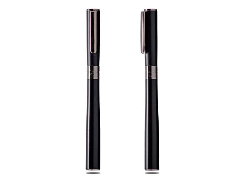 Two black fountain pens with silver accents.