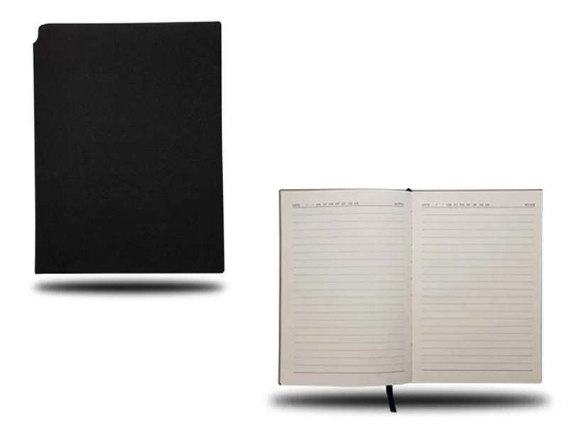 Black notebook, closed and open, with lined pages.