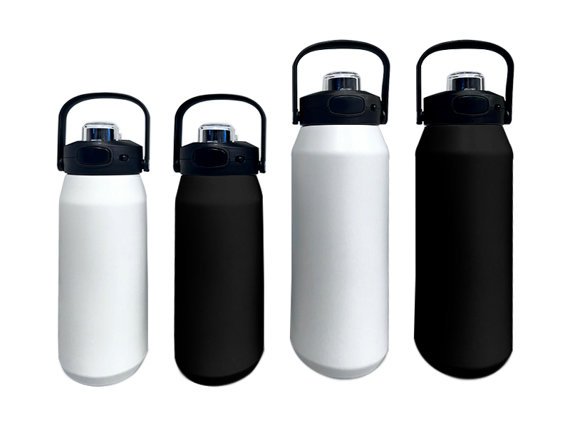 Four insulated water bottles in white and black.