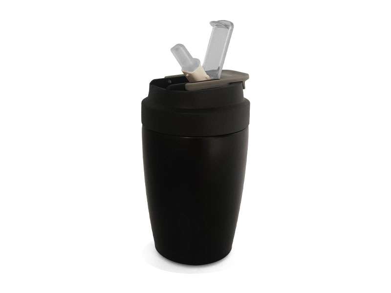 Black travel mug with drinking straw