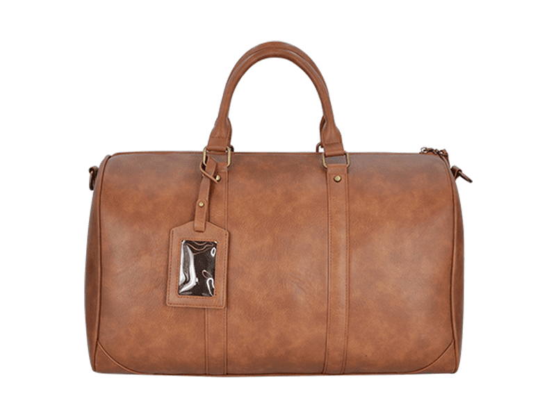 Brown leather duffel bag with handle and tag