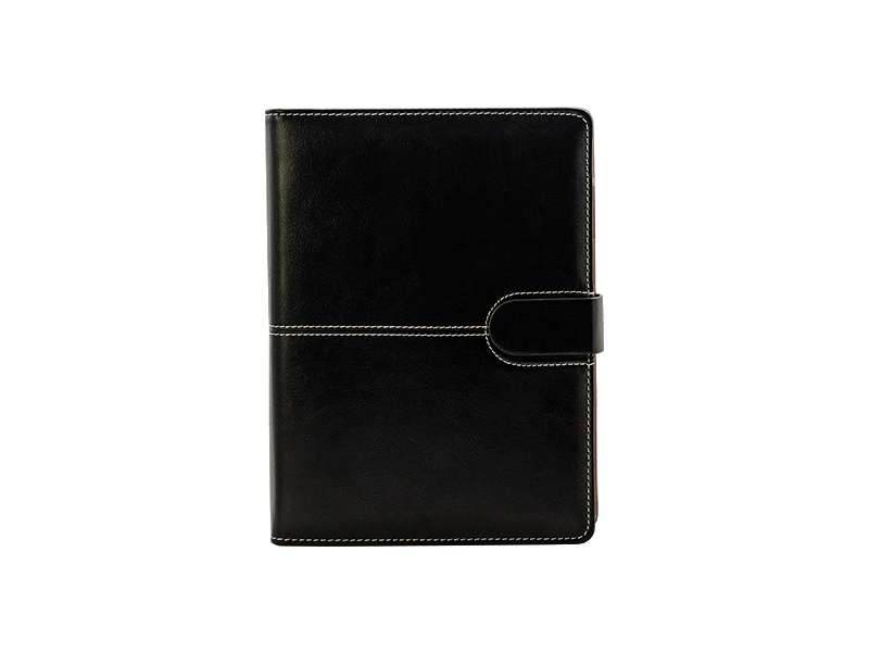Black leather planner with snap closure