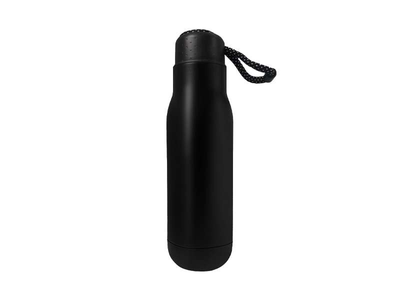 Black insulated water bottle with strap