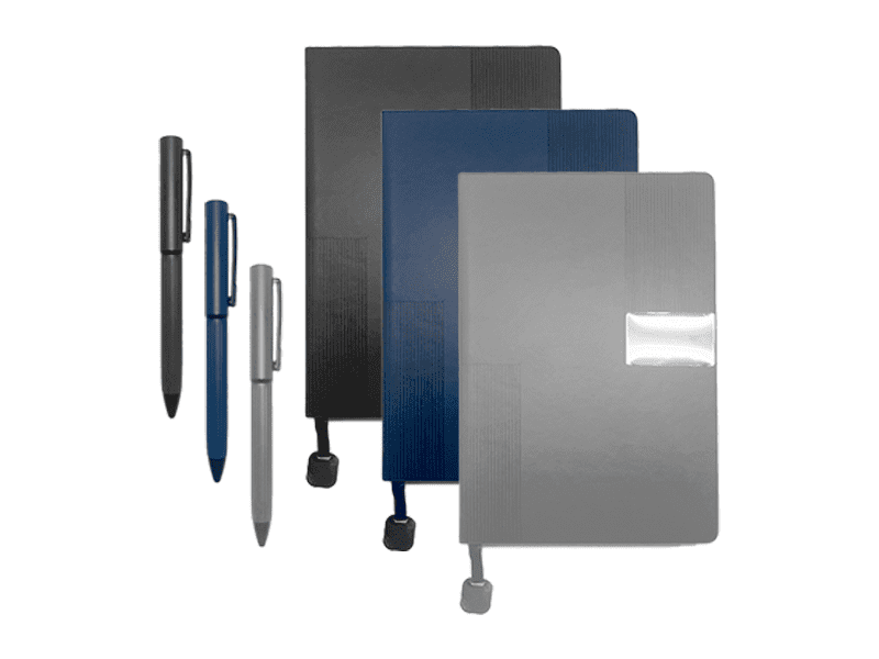 Three notebooks with pens, assorted colors.