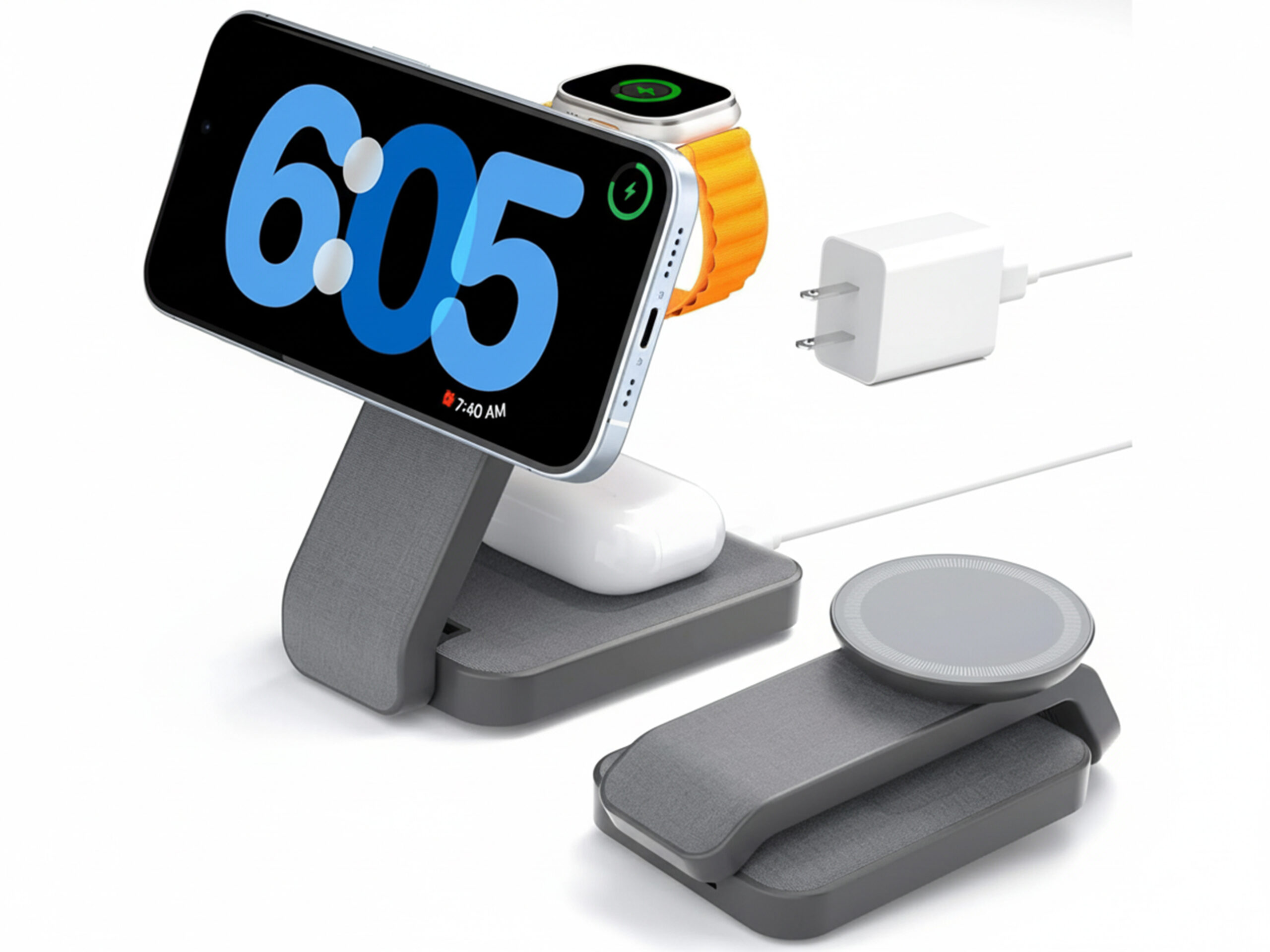 Multidevice charging station with phone, watch, and earphones.