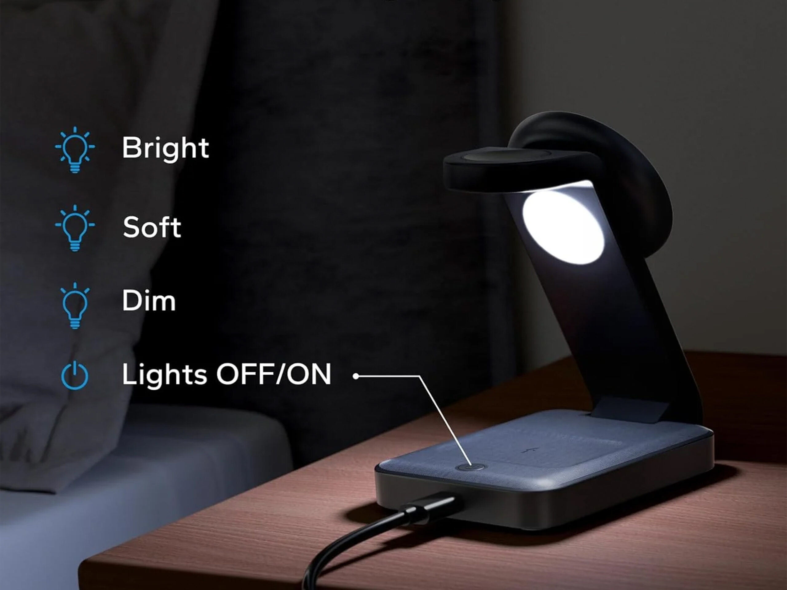 Modern desk lamp with brightness settings and power button.