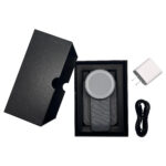 Wireless charger with box, adapter, and cable.