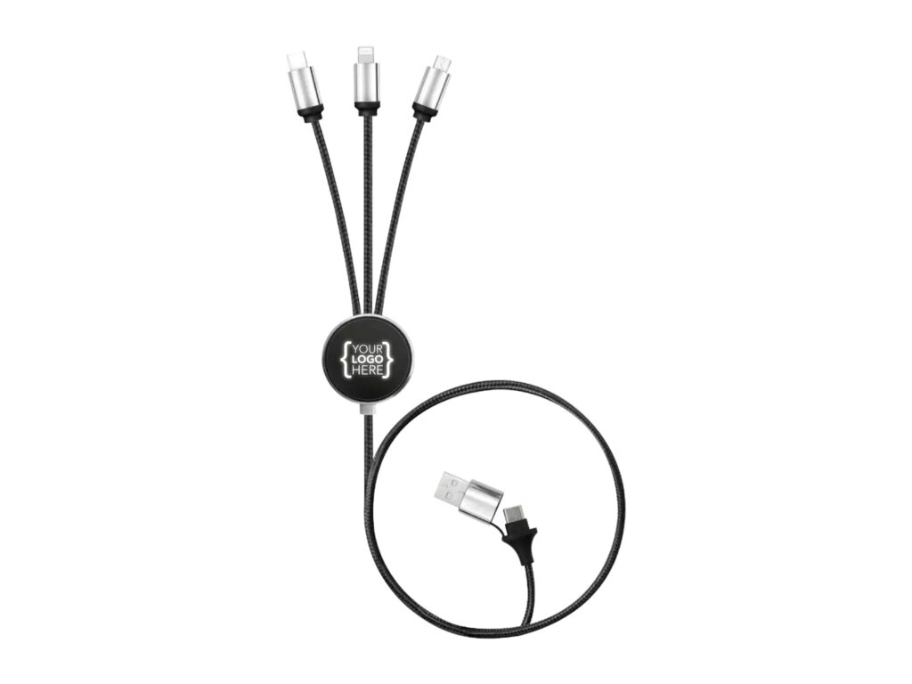 Multi-device charging cable with USB and three connectors.