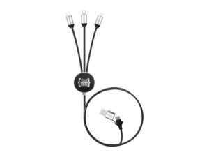 Multi-device charging cable with USB and three connectors.
