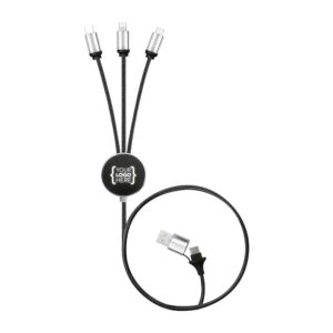 Multi-device charging cable with USB and three connectors.