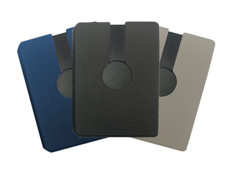 Three protective tablet covers, blue, black, and beige.