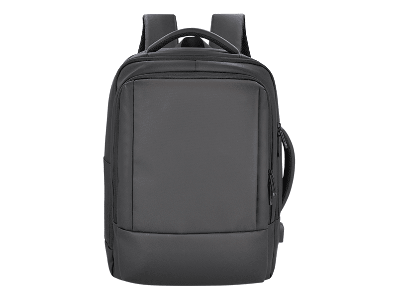 Sleek black backpack with multiple compartments.