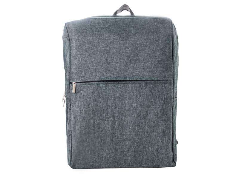 Gray backpack with front zipper pocket.